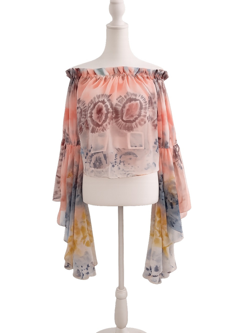 Off-Shoulder Tie-Dye Chiffon Blouse - Peach Floral